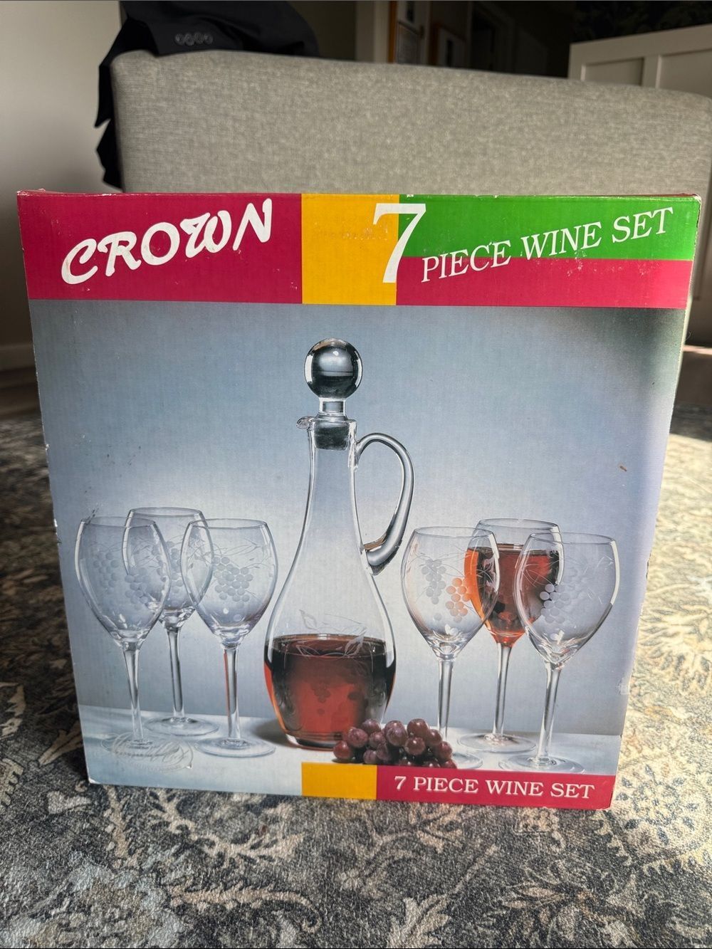 Crown Clear Etched 7-Piece Wine Glass and Decanter Set
